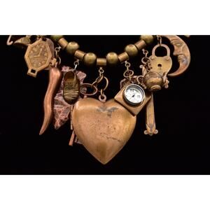 Vintage Brass Charm Necklace Heart Locket Key Cross Sweetheart Statement BinY